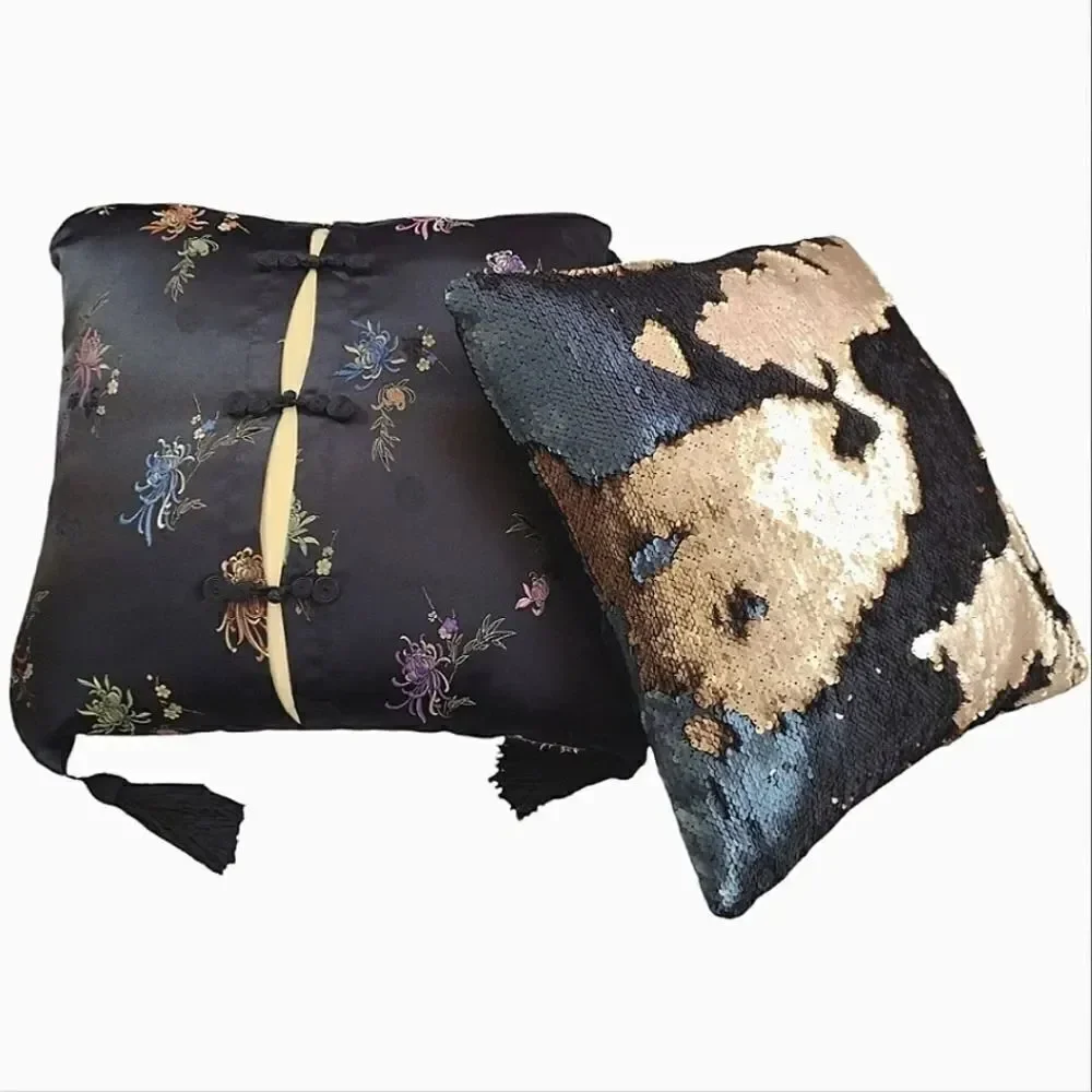 Y2K 2 Square Decor Accent Pillows‎ Black Gold Metallic Sequins Floral